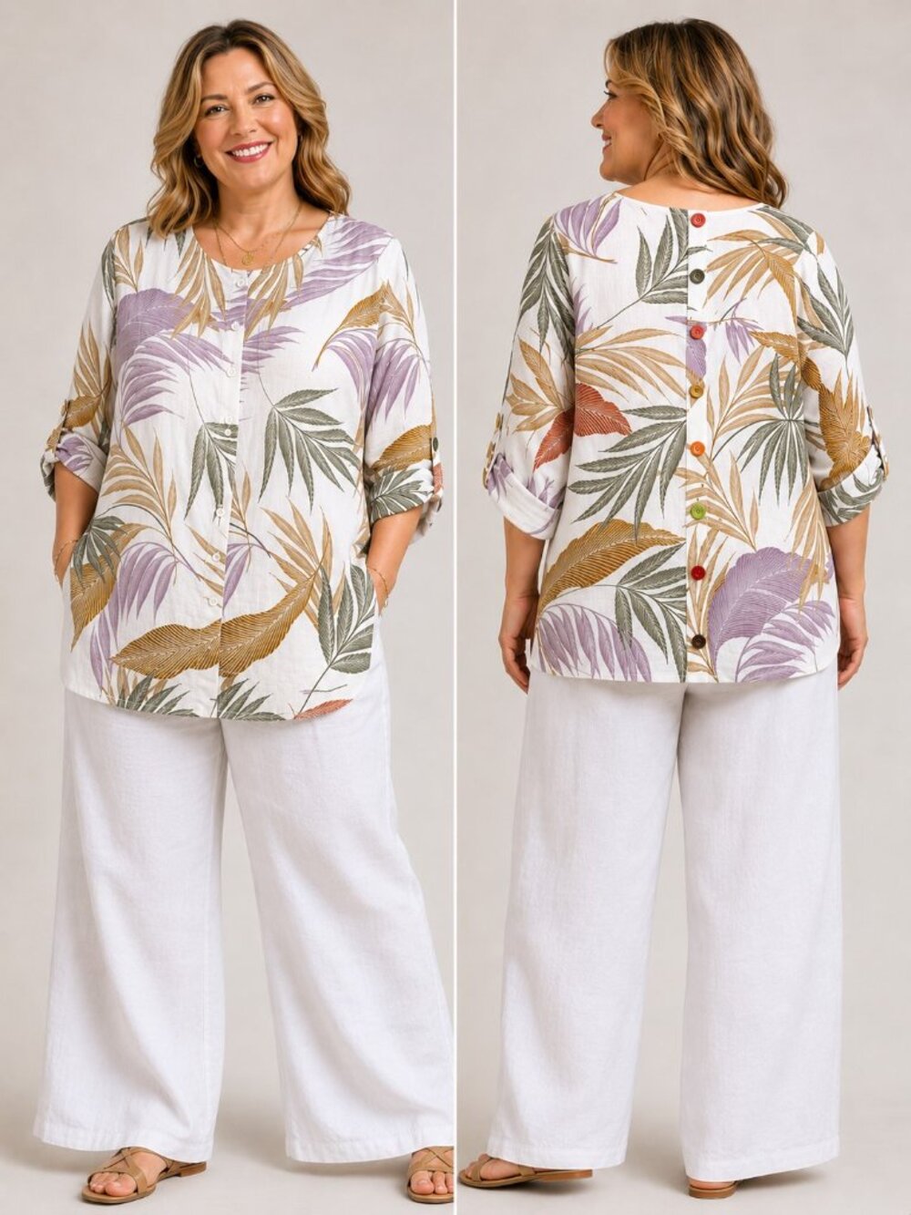 Tahari Off-White Floral Print Linen Roll Tab Sleeve Blouse Womens 1X Lagenlook